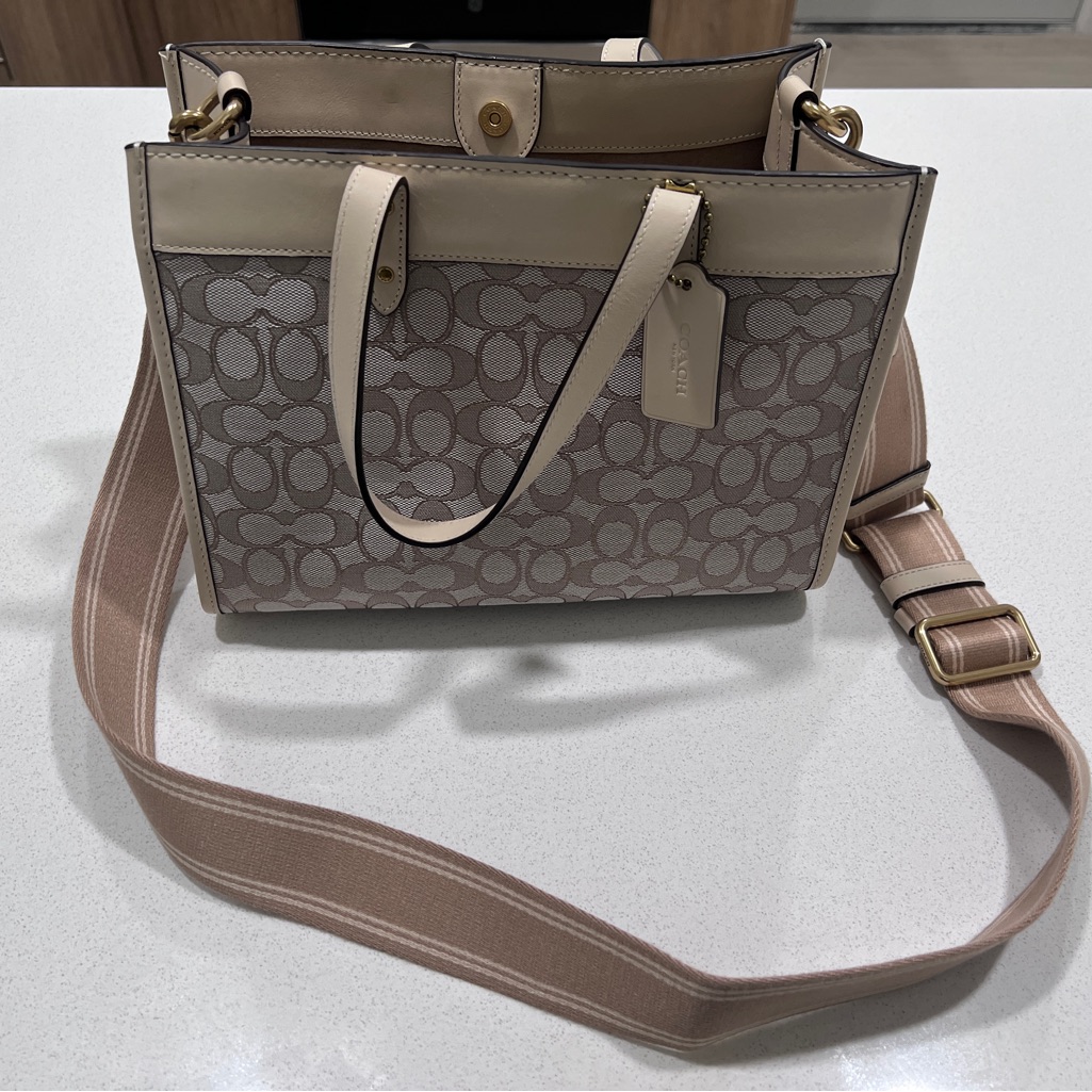 Coach Cream And Tan Shoulder Bag With Monogram Pattern